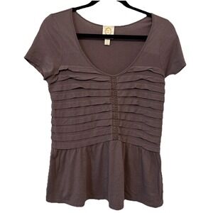 Rio Rao Anthropologie Womens Pleated Peplum Top Shirt Brown Mauve Cotton M